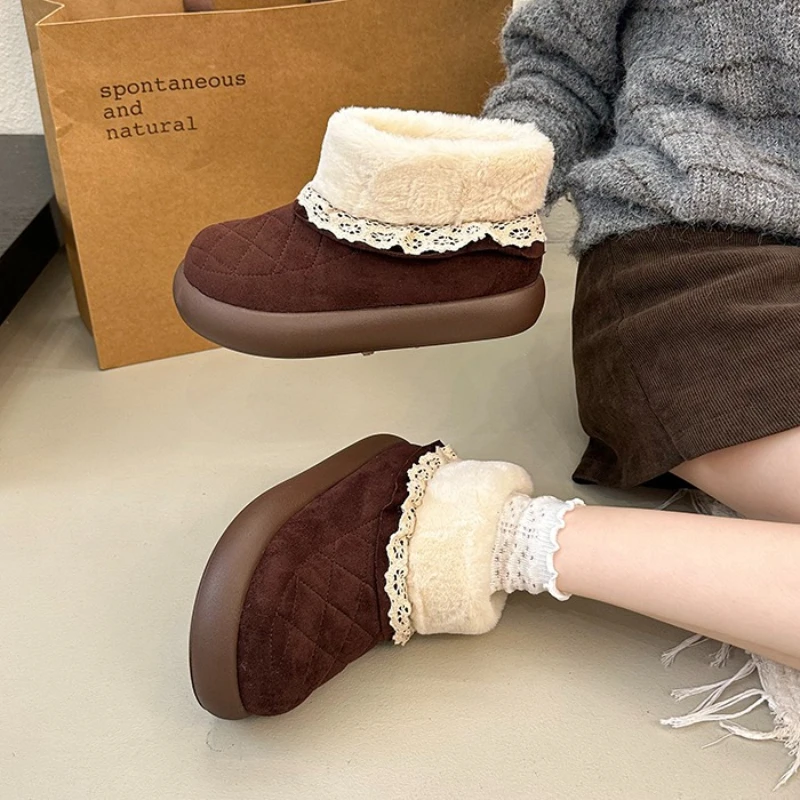 Aphixta Sweet Lace Snow Boots Cow Suede Upper Warm Woman Ankle Boots Round Toe Fashion Woman Autumn Winter Short Plush Shoes