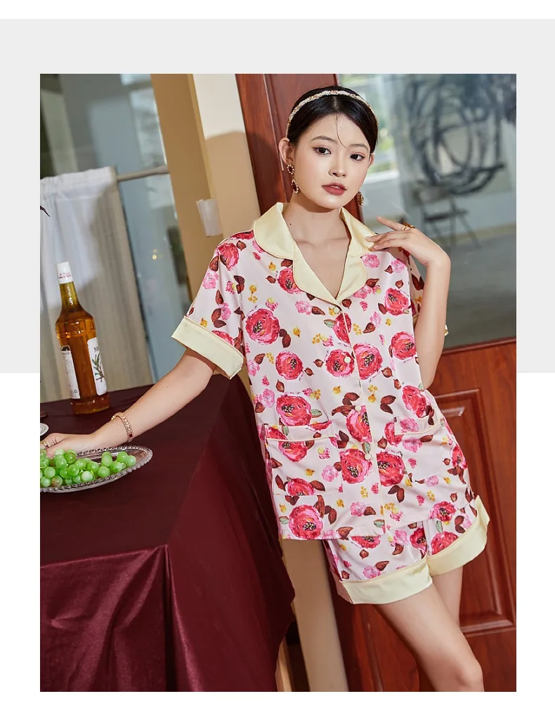 Ice silk pajamas short-sleeved shorts two-piece new silk home silk pajamas for women  bộ đồ ngủ mùa hè nữ