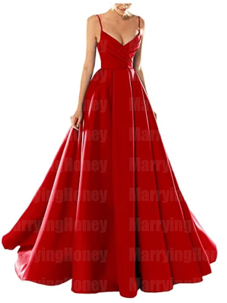 

Women's Sexy V-Neck Evening Dress Elegant Satin Spaghetti Strap Ball Gowns
