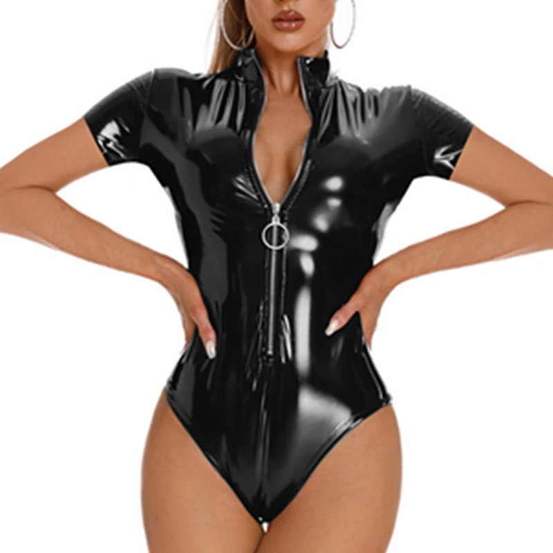 

Large Size Slim Glossy Latex Bodysuit Women Wetlook Faux Leather Bodysuit Sexy Bodycon Catsuit Erotic Lingerie Rompers Body