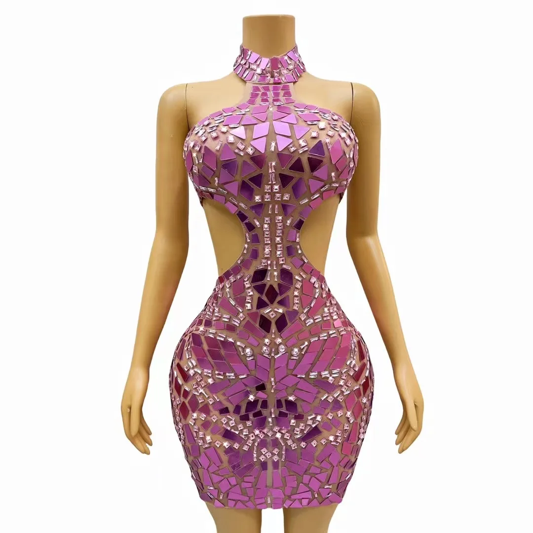 

Pink Rhinestones Mirrors Sleeveless Hollow WaistSexy Dress Dance Stage Birthday CelebrateCostume Party Outfit Fenshuang C284