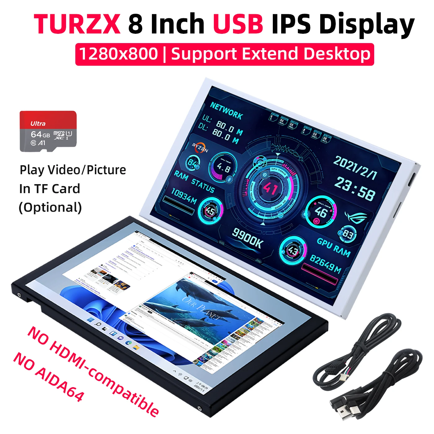 TURZX 8 Inch USB Screen 1280x800 IPS LCD Support Extended Desktop