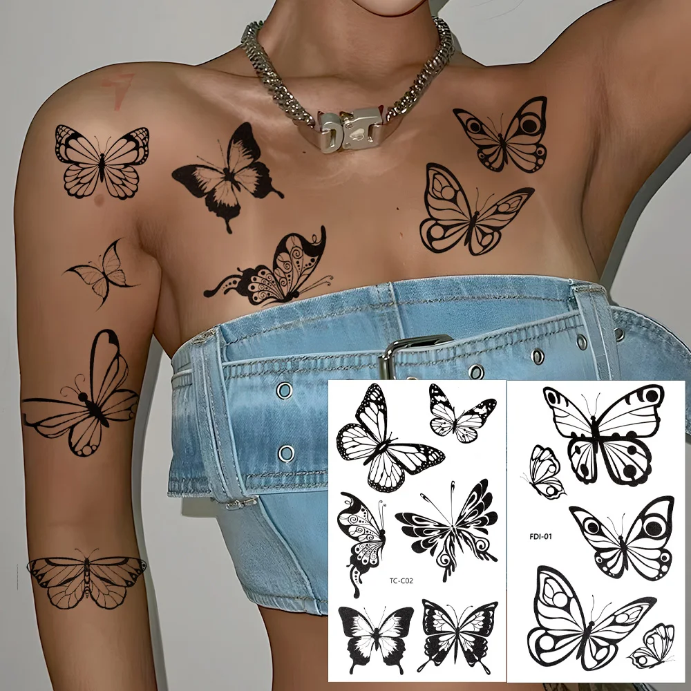 30 fogli di tatuaggi temporanei con farfalla nera per donne, adesivi per tatuaggi impermeabili, adatti per tatuaggi finti realistici per il corpo del braccio - immagine 3