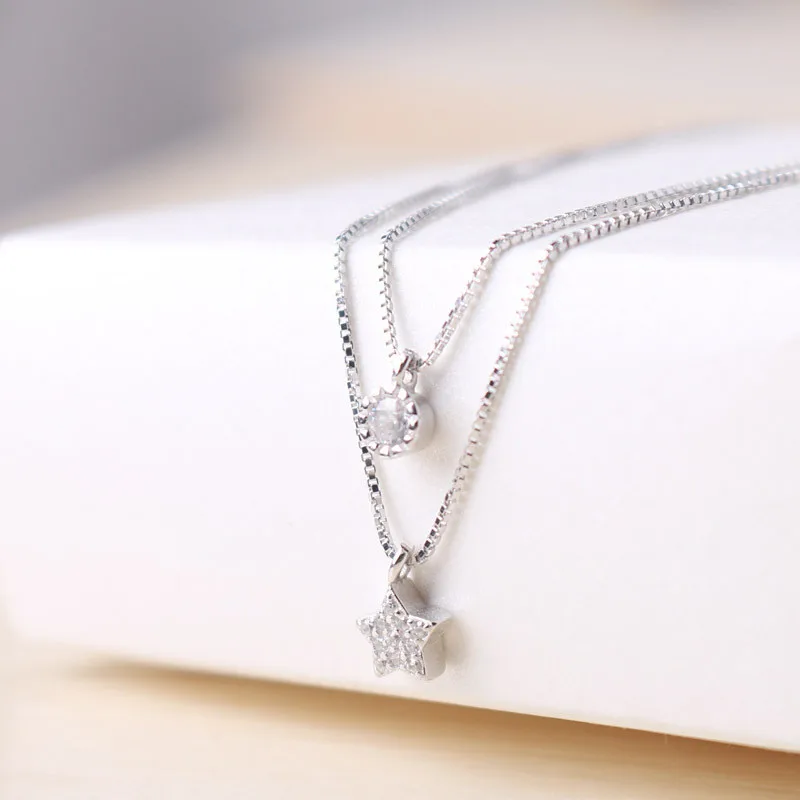 Handmade 925 Sterling Silver Creative Stars Round Cubic Zirconia Multilayer Pendant Necklaces For Women Girl JY069
