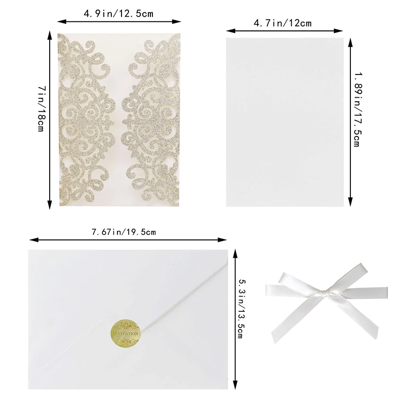 50Pcs Glitter Paper Lace Wedding Invitations Laser Cut Greeting Card Envelope Bridal Shower Invitation Card Birthday Party Decor