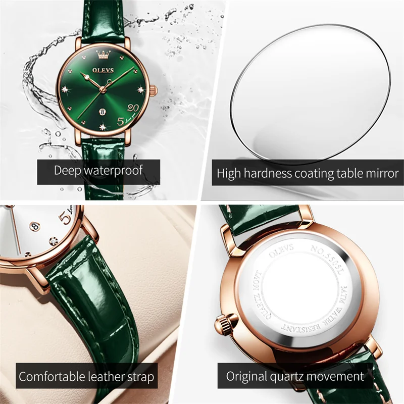 Watch For Women OLEVS Elegant Leather Calendar Waterproof Clock Fashion Forest Green Ladies Watch Gift Reloj Para Mujer