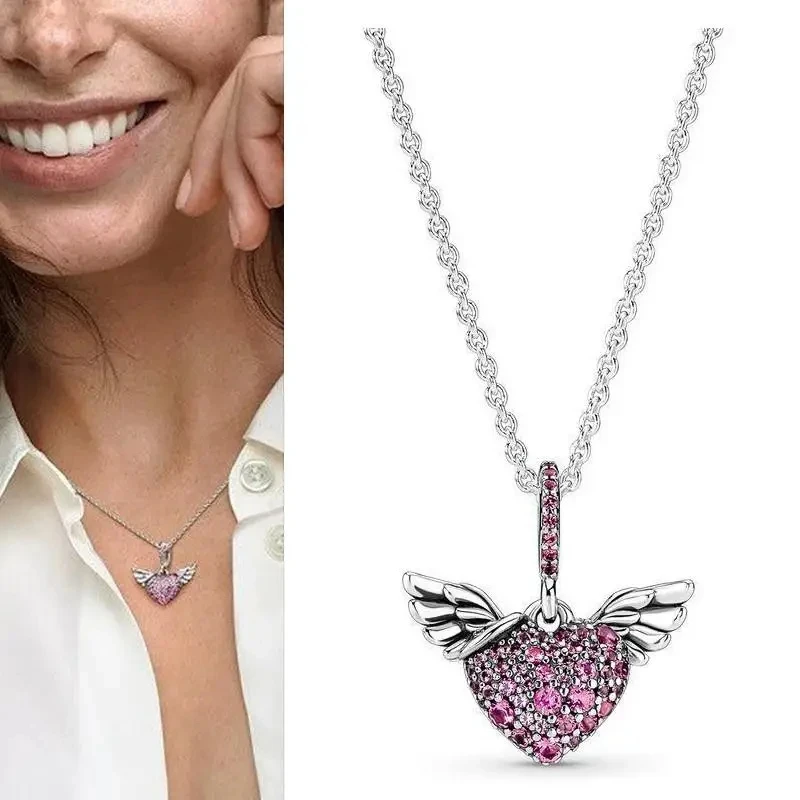 New Classic 100% 925 Silver Women's Sparkling Heart Logo Collar Necklace DIY Charming Jewelry Gifts Fashion Light Luxury