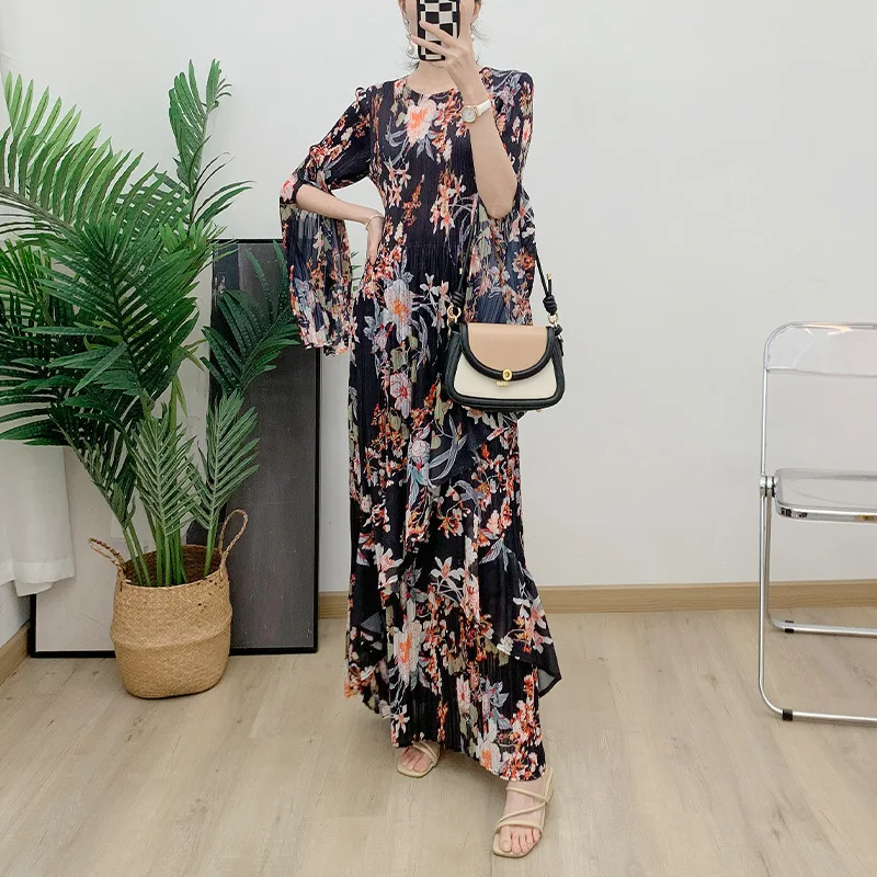 

Miyake Pleated Printed Women's Dresses La Seven Blazer Sleeve Slim Skirt High Quality Plus Long Hit 2024 Spring Maxi Dresses