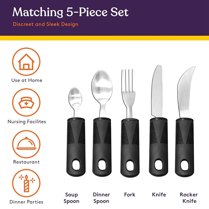 Adaptive Utensil Non-Weighted, Non-Slip Handles For Hand Tremors, Arthritis, Parkinson's Or Elderly Use 5Pack 4