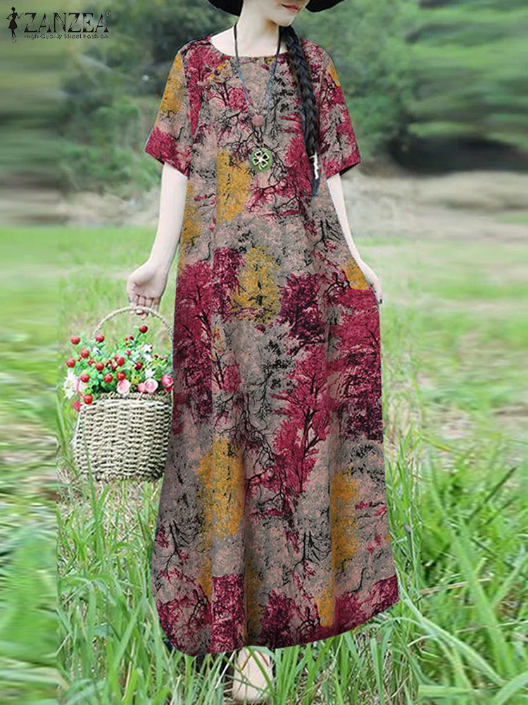 

ZANZEA Cotton Hoilday A-line Vestidos 2024 Summer Bohemian Printed Women Robe Vintage Short Sleeve Retro Midi Dress Long Dresses