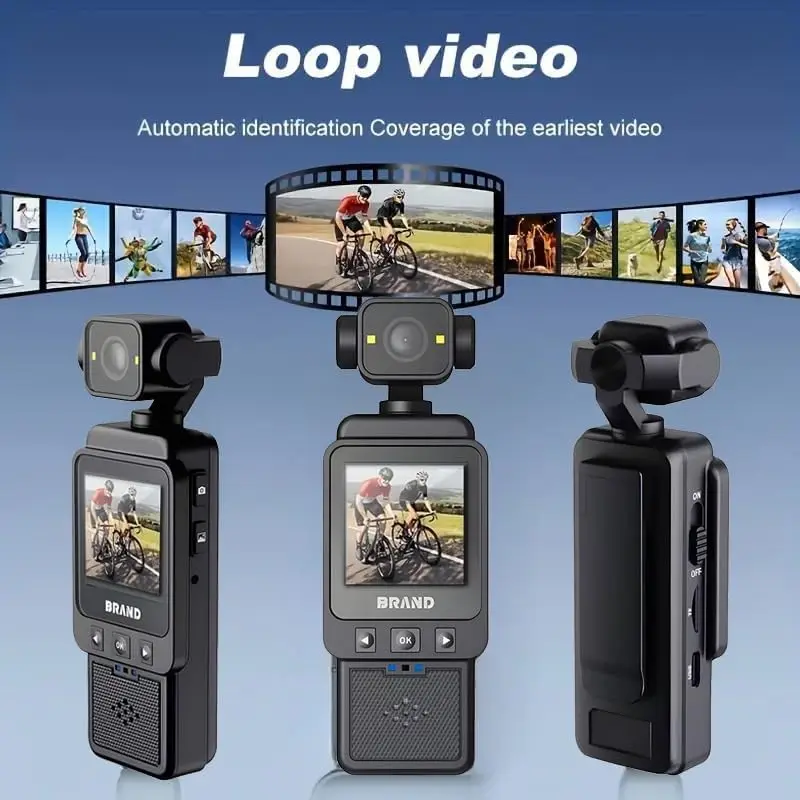 Caméra Action 1080P avec objectif rotatif 360° en action, fixée sur un vélo en mouvement