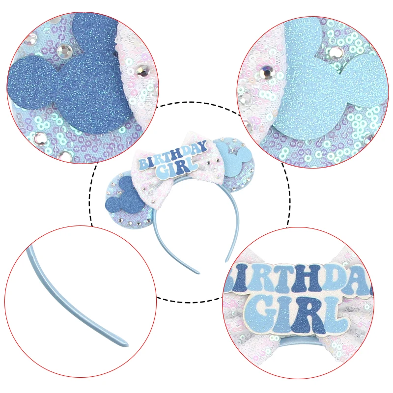 Newest Birthday Mickey Mouse Ears Headband Cartoon Sequins 5"Bow Headwear Girls Children Festival Party DIY Hair Accessories 3
