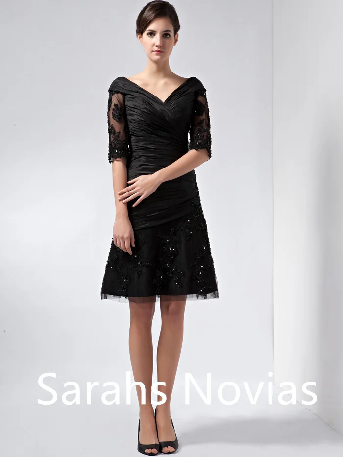 

Black Taffea Short Mother Of The Bride Dresses With Half Sleeves A-line Knee Length Beaded Modest Mother's Dresses For Wedding