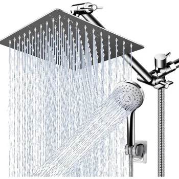 Modern 12" Large Square Rain Showerhead with 5 Modes Handheld Showerhead Combo, Adjustable Arm, Easy Tool-Free Installati