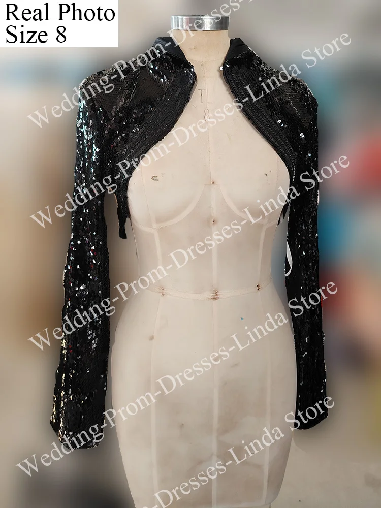 Women Black Shiny Sequins Hoodie Jacket Long Sleeve with Pleats Special Events De Graduaci&oacute;n