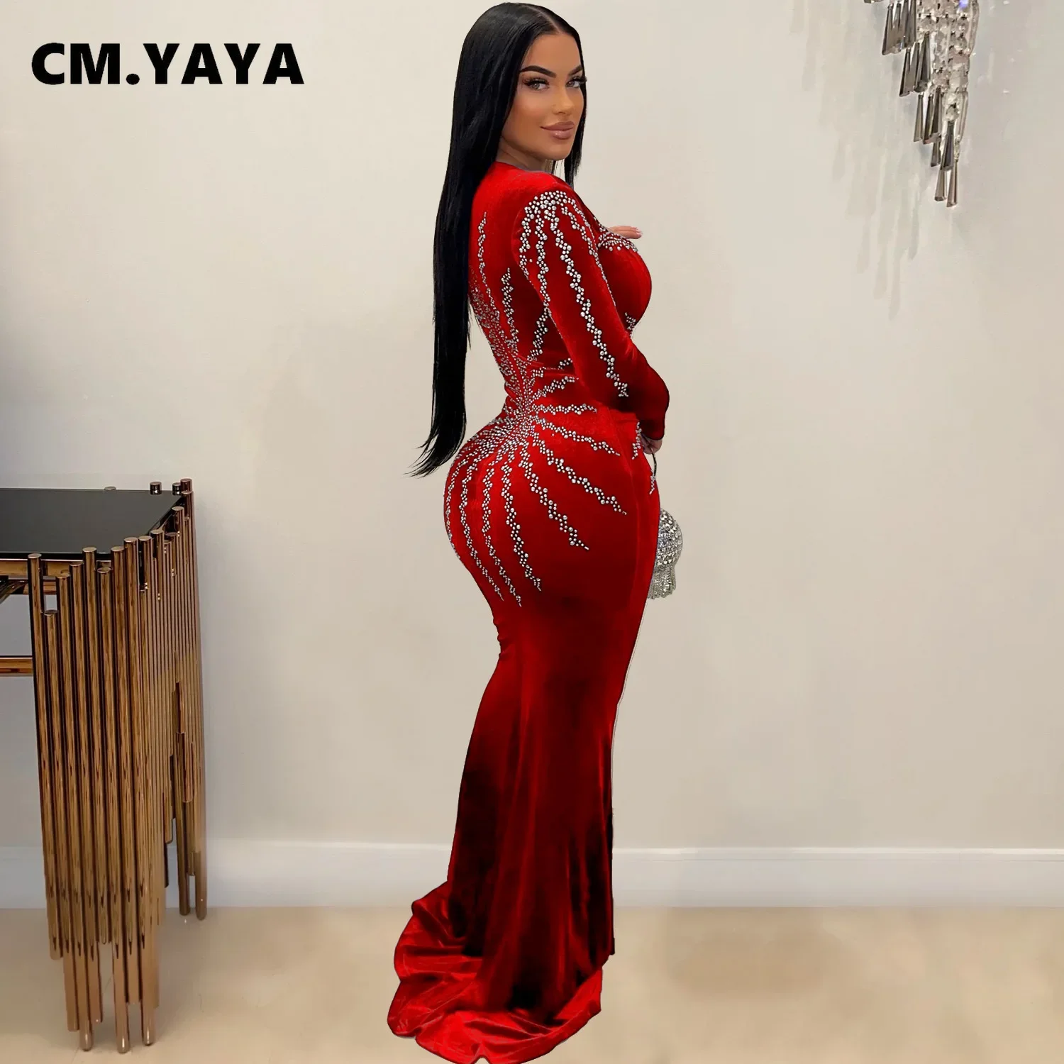 

Bodycon Midi Maxi Dress 2024 Sexy Party Long Dresses Women Diamonds Hot Rhinestones Velvet Long Sleeve Mermaid Birthday