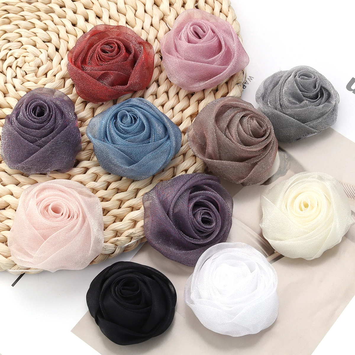 3 teile/los 5 cm Bunte Organza Stoff Rose Blume Kopf Für Hochzeit Kleid Rock Hut Brosche Dekoration DIY Haar Zubehör