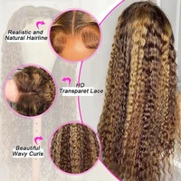 4/ 27 mettre en évidence miel brun bouclés Transparent HD 13x4 dentelle frontale réel perruques de cheveux humains Ombre couleur vague d'eau profonde pleine perruques 2