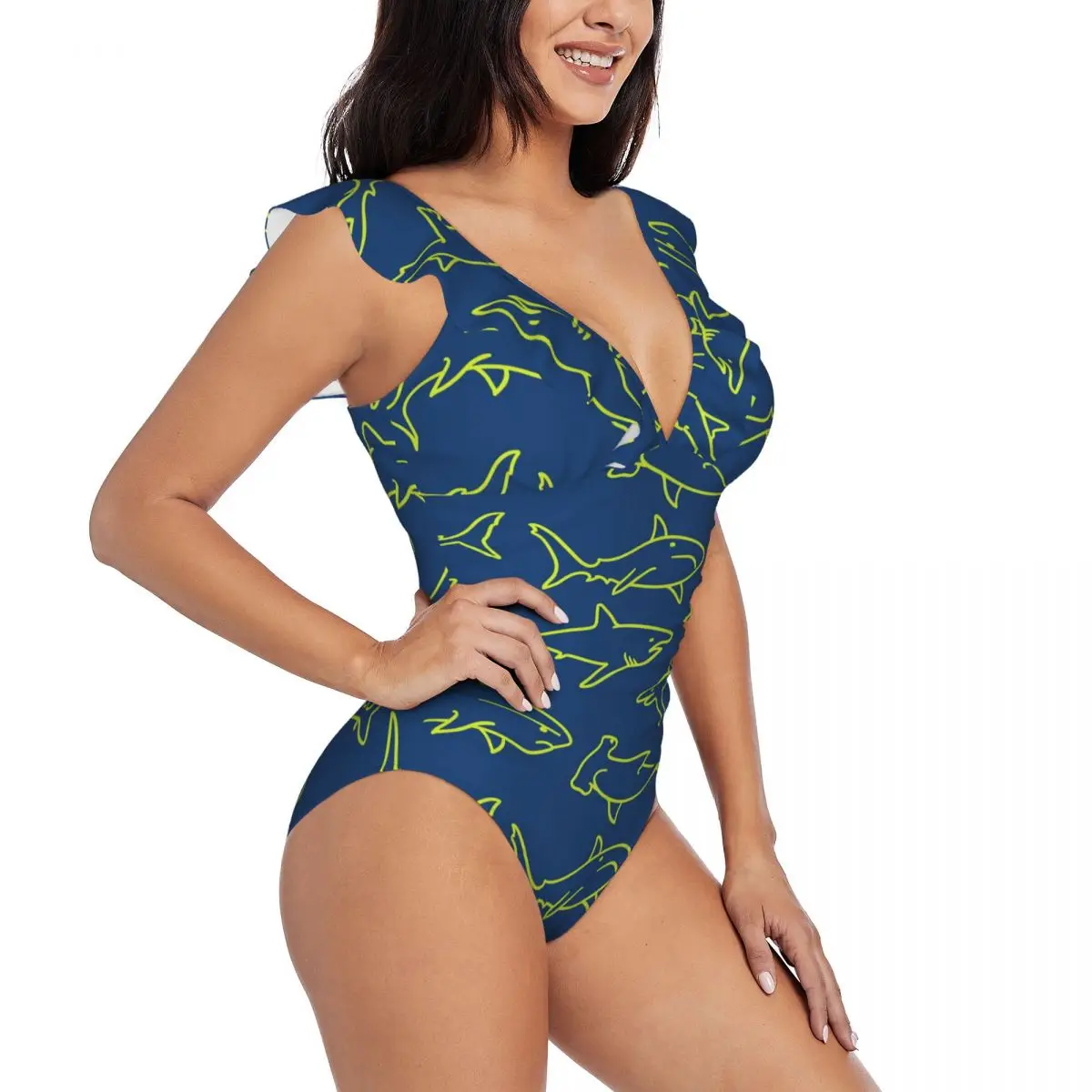 

Sexy One Piece Swimsuit Push Up Swimwear Swimming Sharks Navy Print Women Ruffle Monokini Swimsuit Bodysuit Bathing Suit