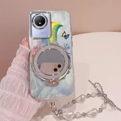 3 - Piece Set: Vibrant Rainbow Phone Case with Lanyard and Stand for Vivo Y02 (Silver)