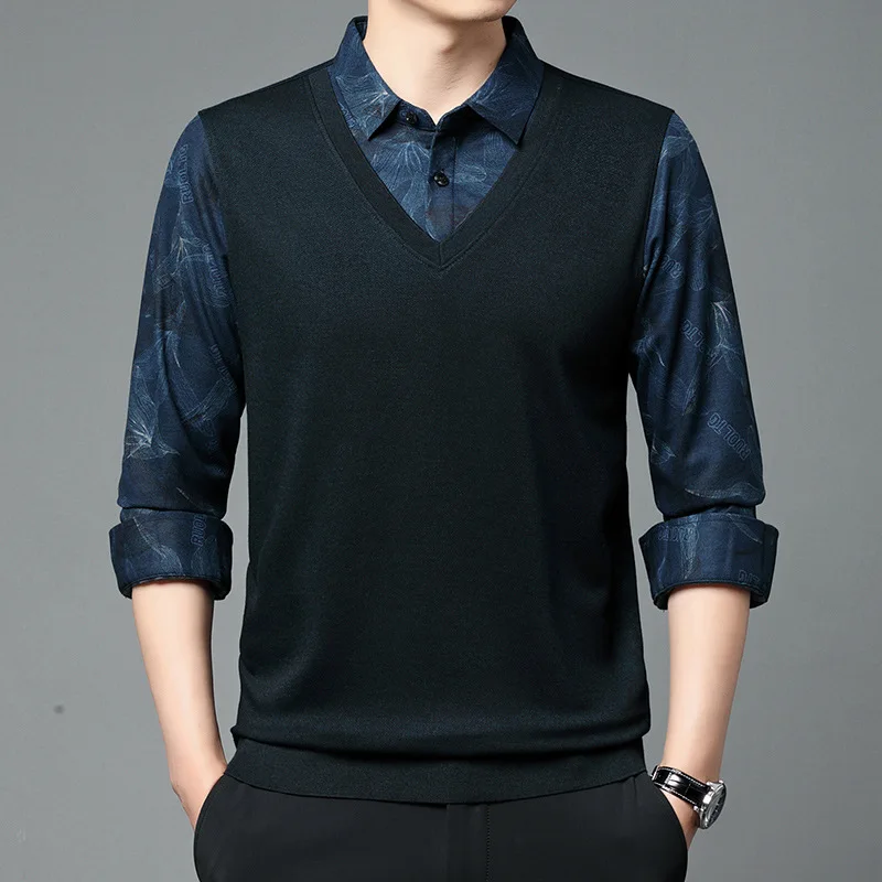 New Autumn Winter Fashion Trend Solid Color Striped Polo Collar Fake Two Piece Long Sleeve Simple Casual Men's Loose Sweater Top