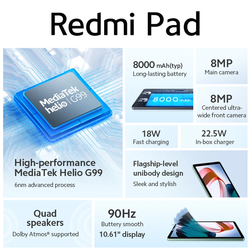 4GB 8000mAh Helio 6GB Tablet 2K Display 90Hz MTK 8MP Tablets Battery ROM Xiaomi Pad Redmi / Camera - Mi 128GB G99 10.61\