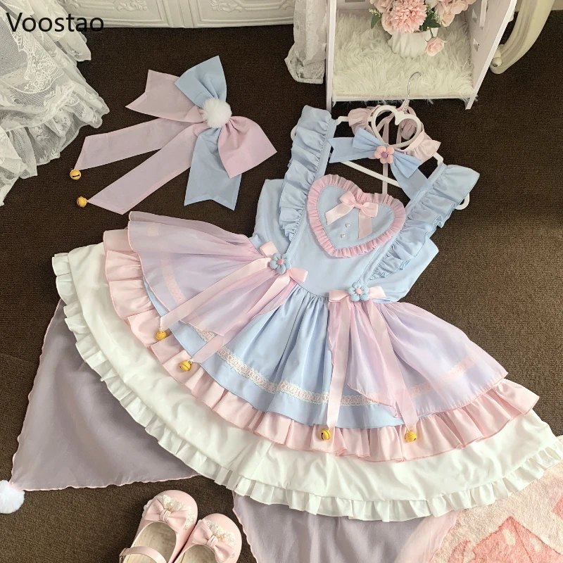 Japanese Sweet Lolita Jsk Dress Women Kawaii Bow Mesh Ruffles Tea Party Dresses Harajuku Cute Pink Blue Princess Mini Cake Dress lolita dress lolita cosplay costumes
