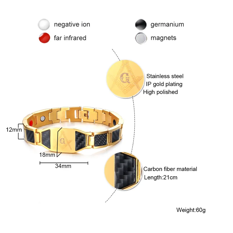 Men Stainless Steel Magnetic Health Energy Hologram Bracelet Gold-color Carbon Fiber ID
