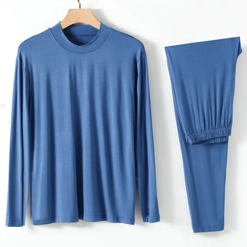 Modal Men's Pajamas Suit Loose Large Size Long Sleeve Pant Set Half High Collar Household Clothes Home Wear Pijama Male XL-4XL