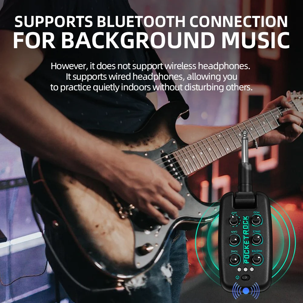 Pocket Rock Headphone Amplifier Guitar Bass Effects Portable Rechargeable Plug-In Amp Built-in 9 Different Amplifier Tones