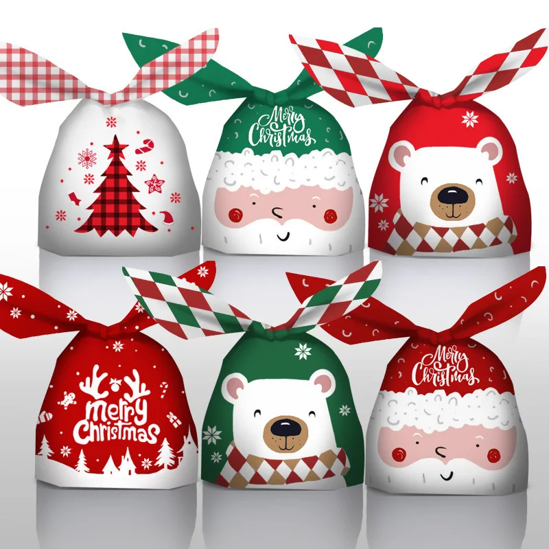 10Pcs Christmas Candy Bag, Cute Rabbit Ear Cookie Plastic Bags, Xmas Party Decoration, Gift Bags For Biscuits Snack Baking Package