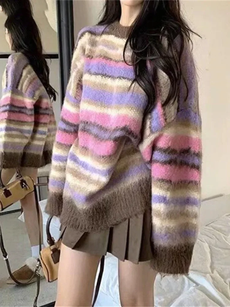 

2023 Grunge Patchwork Contrast Color Pullovers Autumn Winter Oversized Casual Jumpers Fashion Sweet Striped Y2k Women Sweaters