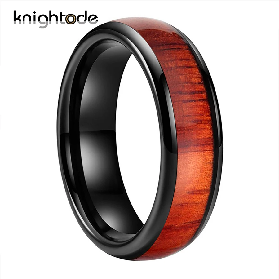 

4 Colors 6mm Tungsten Carbide Wedding Bands Engagement Rings Red Wood Inlay Dome Polished Comfort Fit