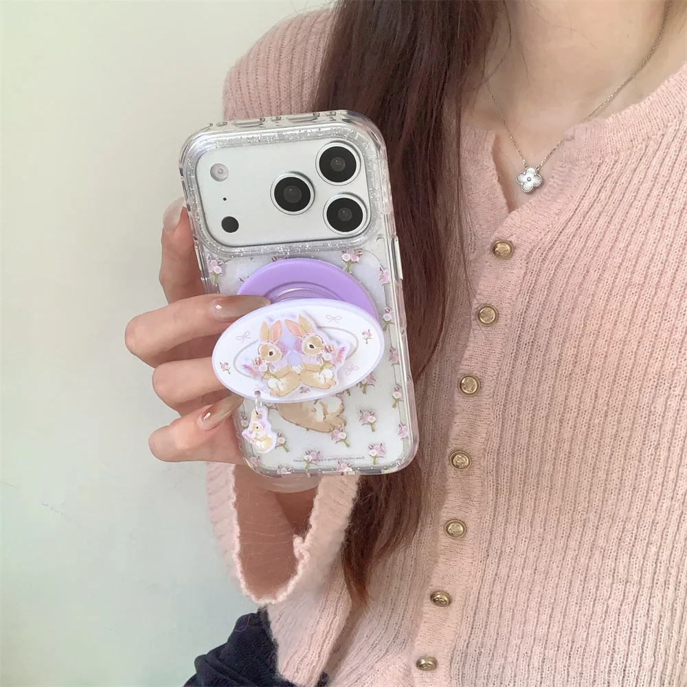 Korean Little Flower Rabbit Magnetic Phone Case with Magsafe Holder - Shockproof Cover