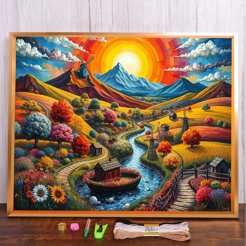 Landscape Sunsine Printed Fabric 11CT Cross-Stitch DIY Embroidery Kit Hobby Handmade Craft Needlework Counted Stamped