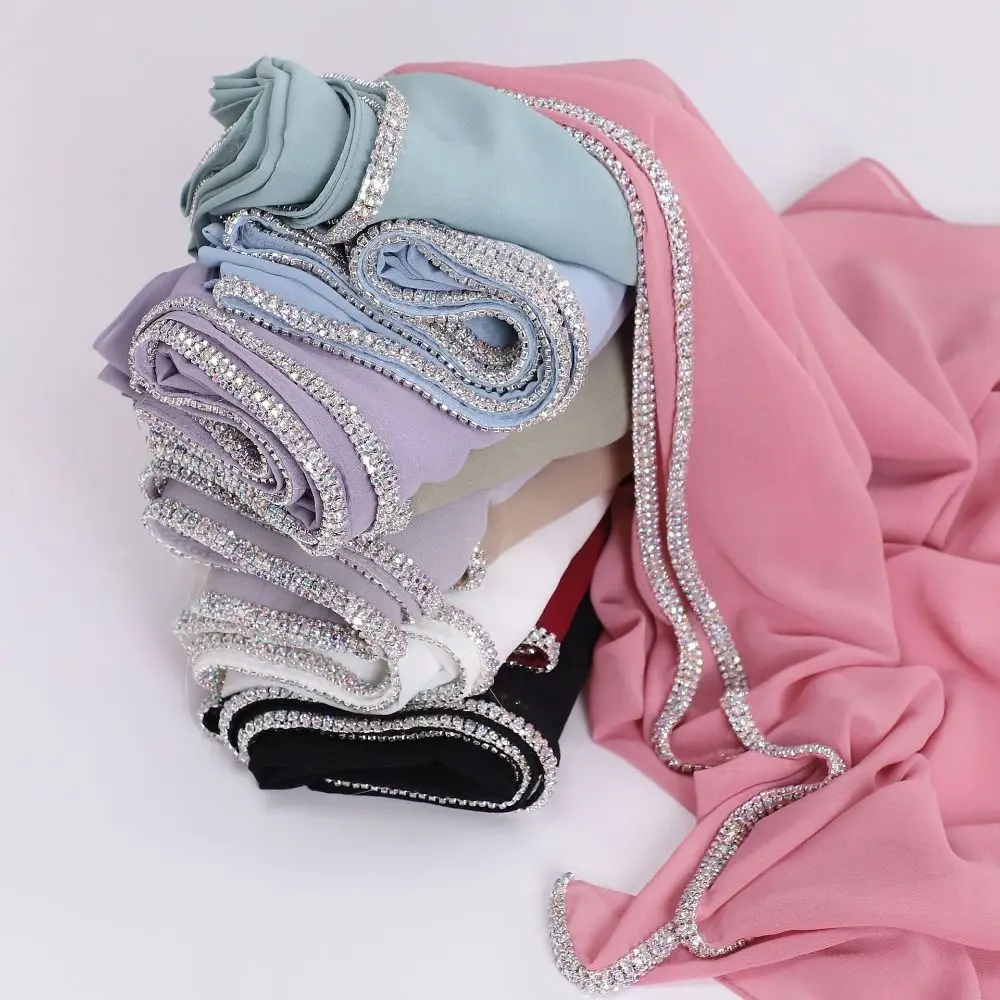 Bling Rhinestone Bubble Chiffon Hijab Shawl Solid Color Veil Beach Sunscreen Headscarf Outdoor Windproof Head Wrap 5