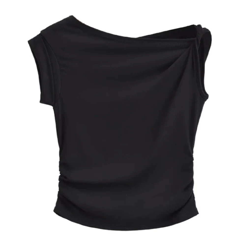 

Female Top Women T Shirt Sleeveless Slight Stretch Solid Color Streetwear Crop Top High Waist Off The Shoulder