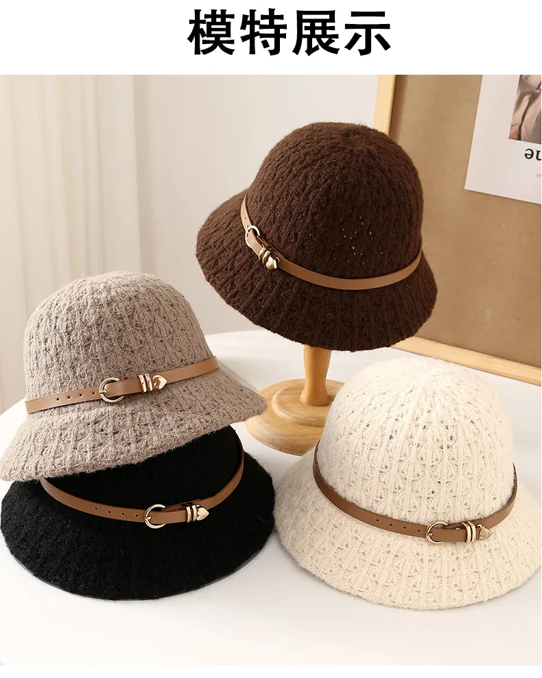 Frauen Eimer Hut Winter Winddicht Fischer Kappe Mit Gürtel Gestrickte Warme Casual Neue – Detail 1