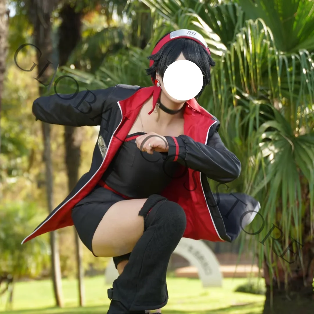 Costume Cosplay del Personaggio Anime Uchiha Sarada, Top Nero, Cintura Rossa e Set di Accessori con Choker, Abito da Combattimento per Comic Con - immagine 4