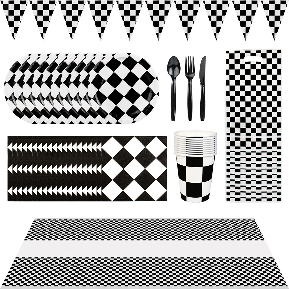 

Racing Car Driving Disposable Tableware Set Black White Tablecloth Banner Paper Plates Cup Napkin Set Boy Birthday Party Decors