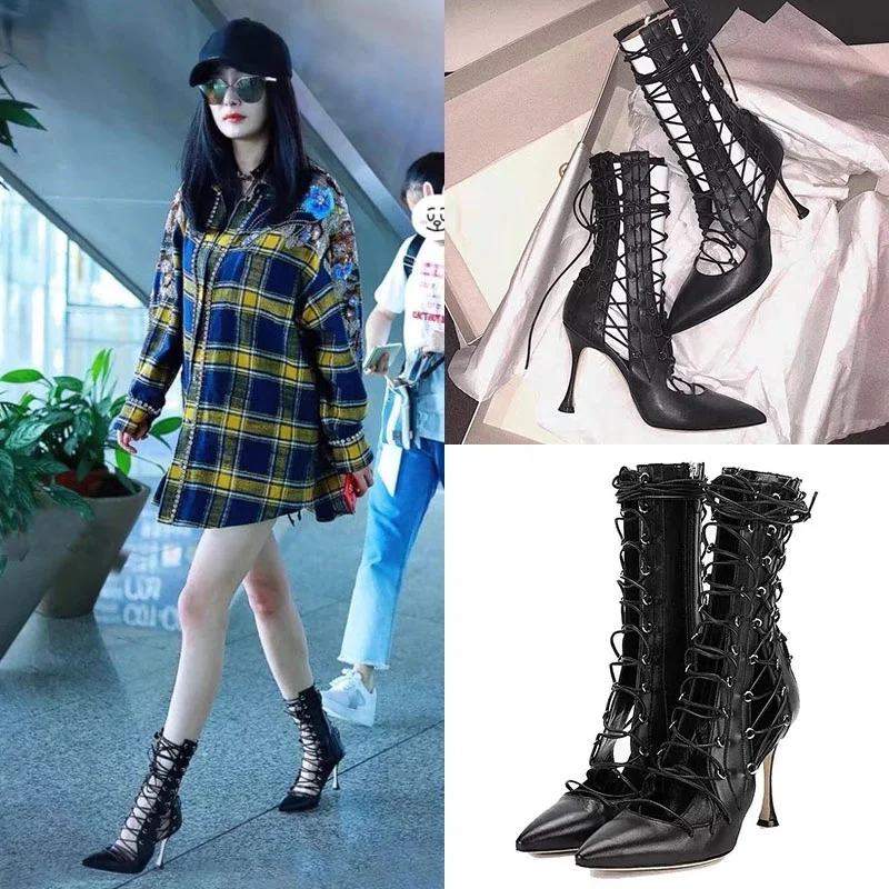 

2022 New Cross Strap Pointed Toe Boots For Women Hollow Out Mid Rise Fashion Versatile Boots High Heel Slim Heel Concise Sandals