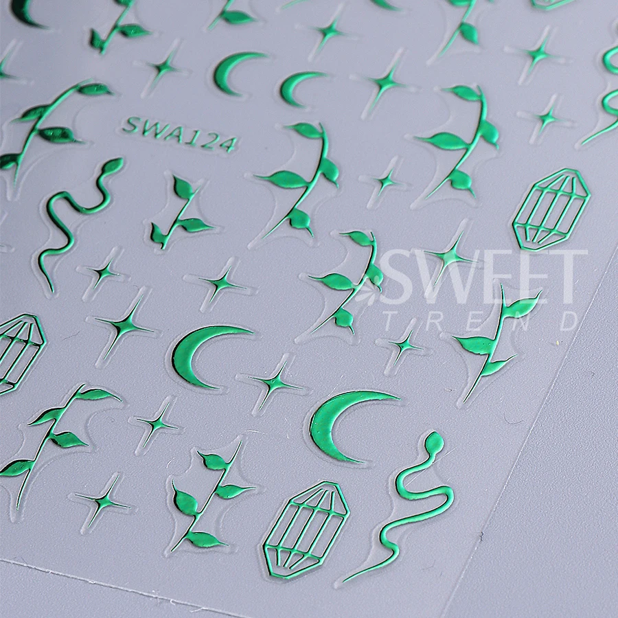 2pcs Metallic Snake Nail Stickers 3D Green Gold Leaves Stars Moon Line Design Nail Decals DIY Holographic Manicure Slider Decor