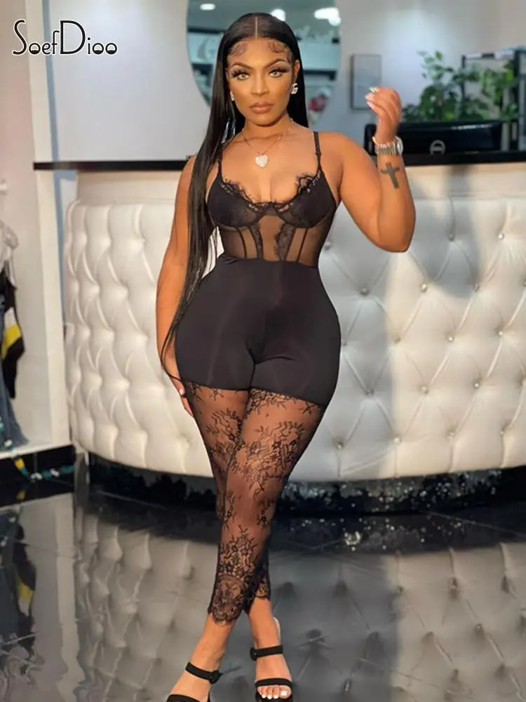

Sofdioo Lace Patchwork Spaghetti Strap Wrapped Chest Body-Shaping Jumpsuits Women 2023 Sexy Club Party One Piece Rompers Overall