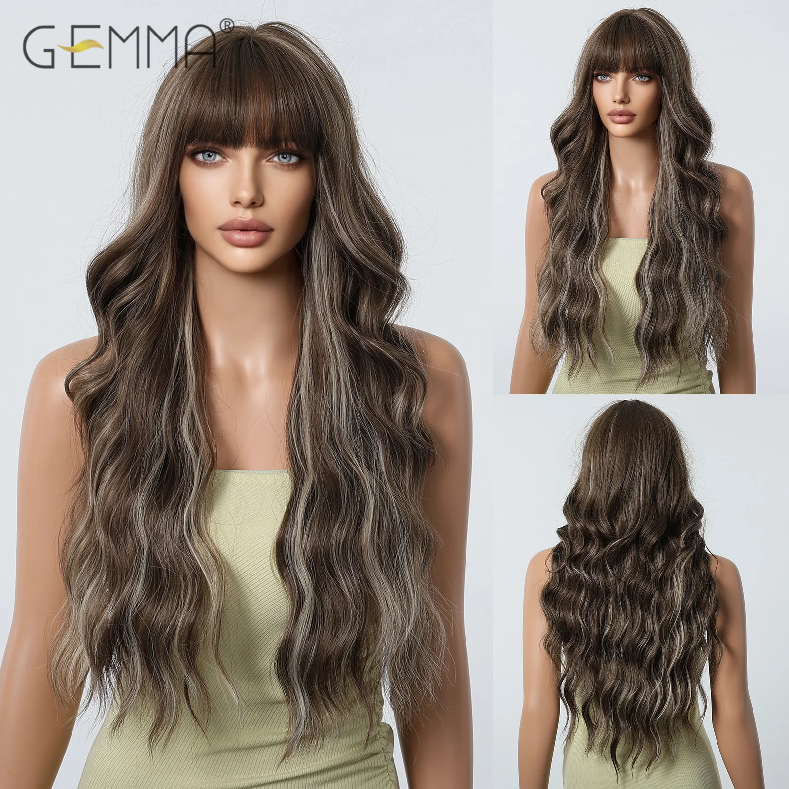 Synthetic Blonde Highlight Ash Brown Long Wavy Wigs with Bangs for Women Copslay Party Daily Wig Natural Hair Heat Resistant