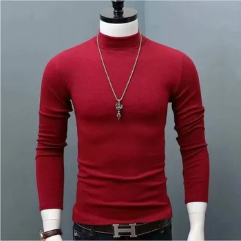 2025 Autumn Winter Men's High Neck T-shirt Slim Fit Fashion High Elastic Long Sleeve Cotton Casual Breathable Apparel Pullover