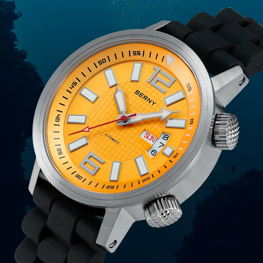 BERNY Orologio Subacqueo Uomo Automatico Meccanico 200M Impermeabile Super Luminoso Vetro Zaffiro AR Cinturino Silicone Comodo Lusso Regalo Compleanno