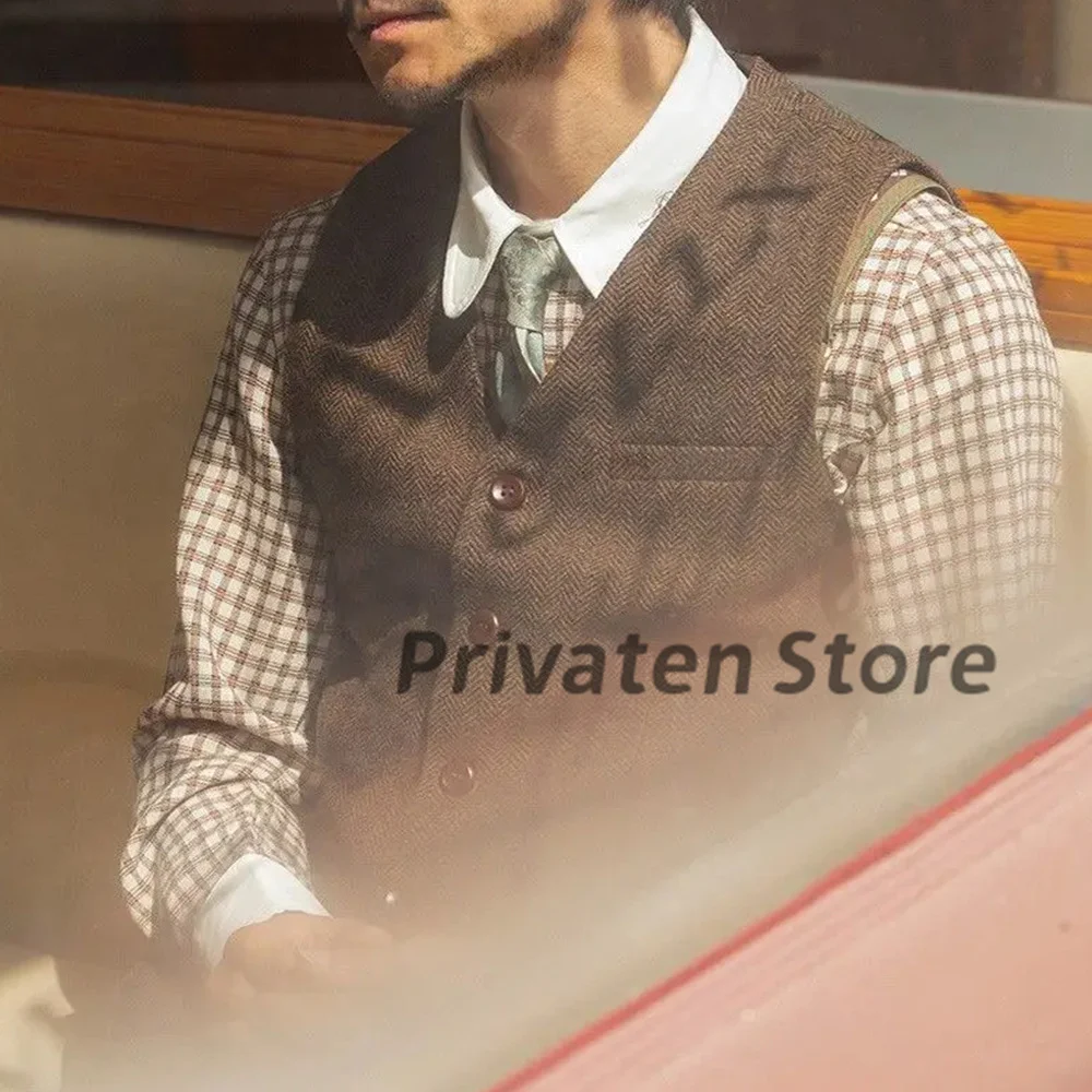 Men's Vest Herringbone Coffee Brown V-Neck Waistcoat Wedding Prom For Men Slim Fit Male Clothes Vests terno masculino