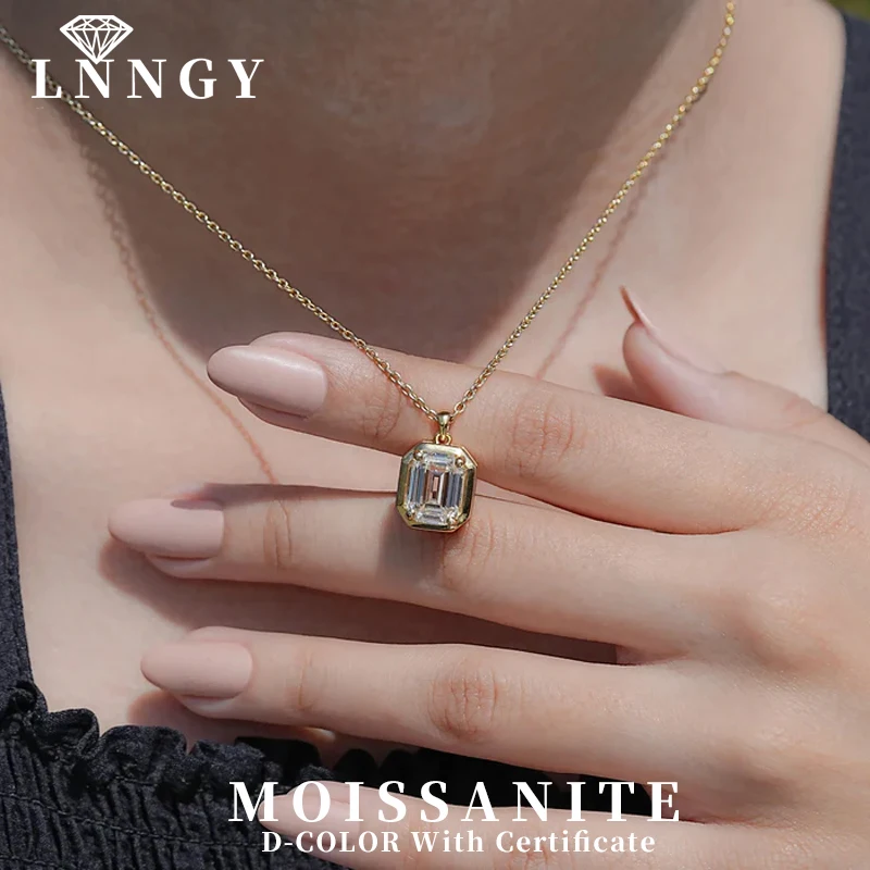 Lnngy 스파클링 에메랄드 컷 솔리테어 모이사나이트 펜던트 목걸이 8x10mm ..