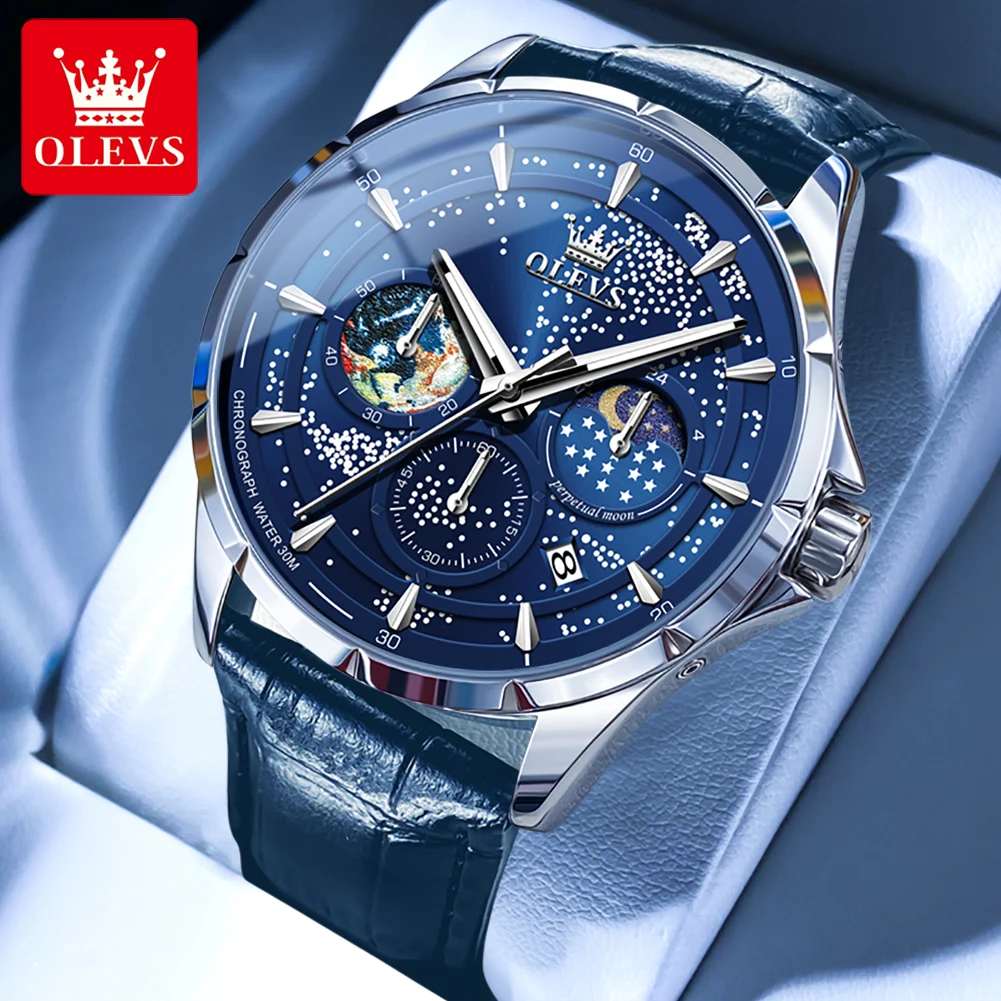 OLEVS Top Brand Starry Blue Quartz Watch for Men Leather Strap Men's Wristwatch Moon Phase Chronograph Sport Watch Original New