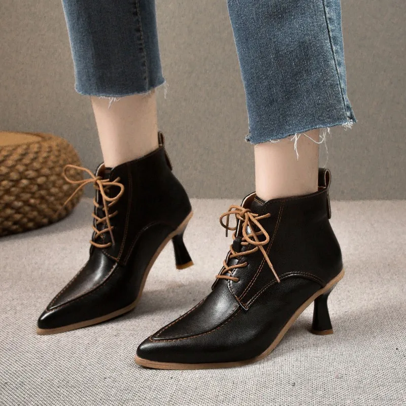 

Lace-Up Leather Ankle Boots High Heels Autumn Winter Shoes Naked Botas Pointed Toe Apricot High Heels 2024 New Women's Boots